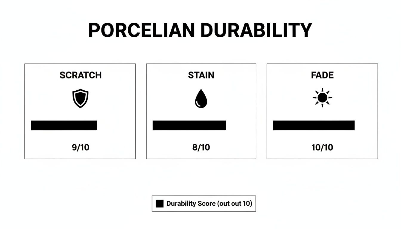 Infographic showing porcelain durability scores: 9/10 for scratch, 8/10 for stain, and 10/10 for fade.