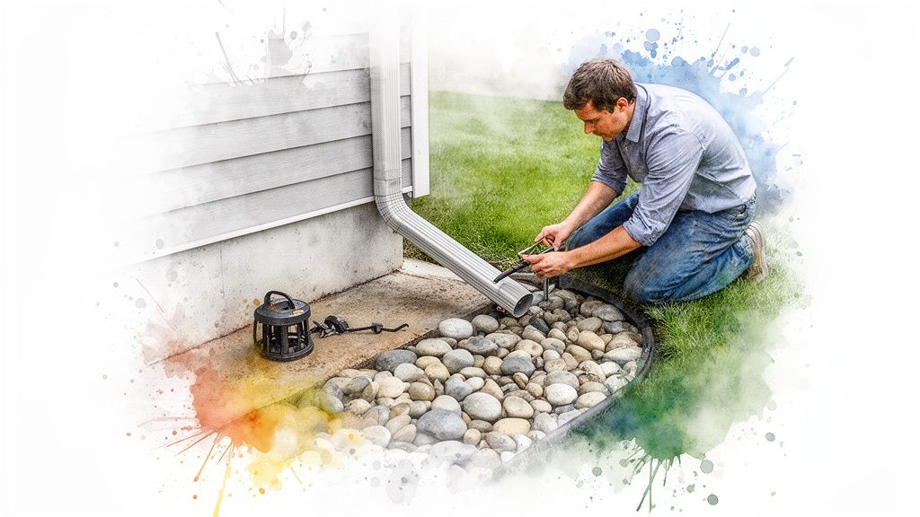 A man kneels on grass, installing a downspout extension into a decorative rock bed next to a house.