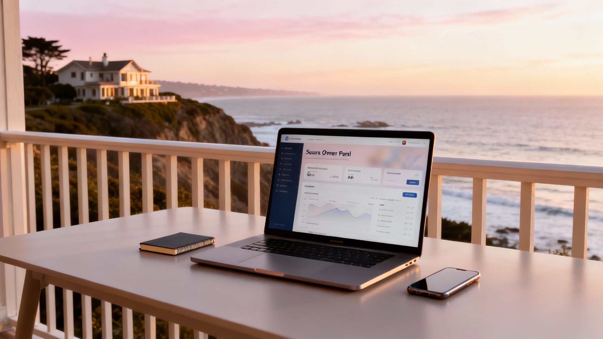 A laptop, notebook, and phone on a balcony table overlooking the ocean and a house at sunset.