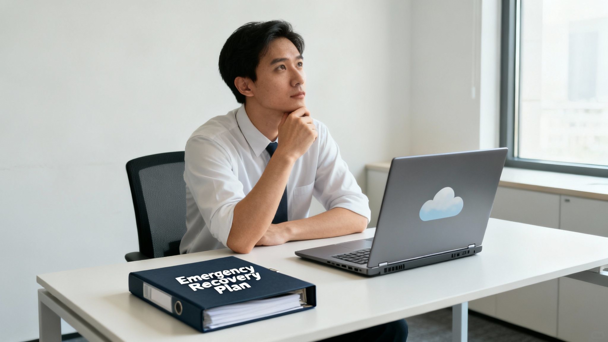 A thoughtful man in an office, looking at an "Emergency Recovery Plan" binder next to a cloud-logo laptop.