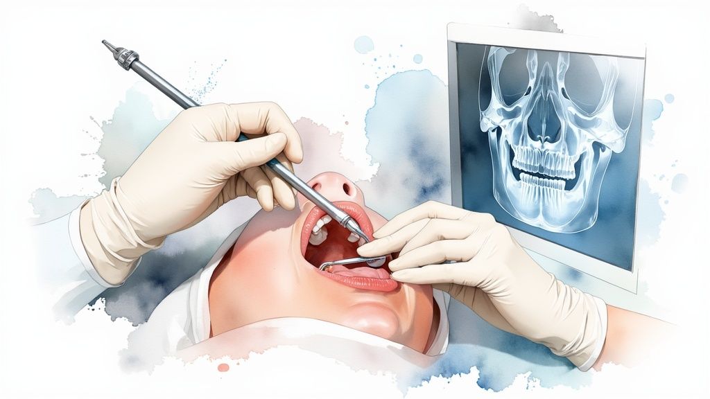 A dentist performing a dental procedure on a patient with dental tools and a skull X-ray on a monitor.