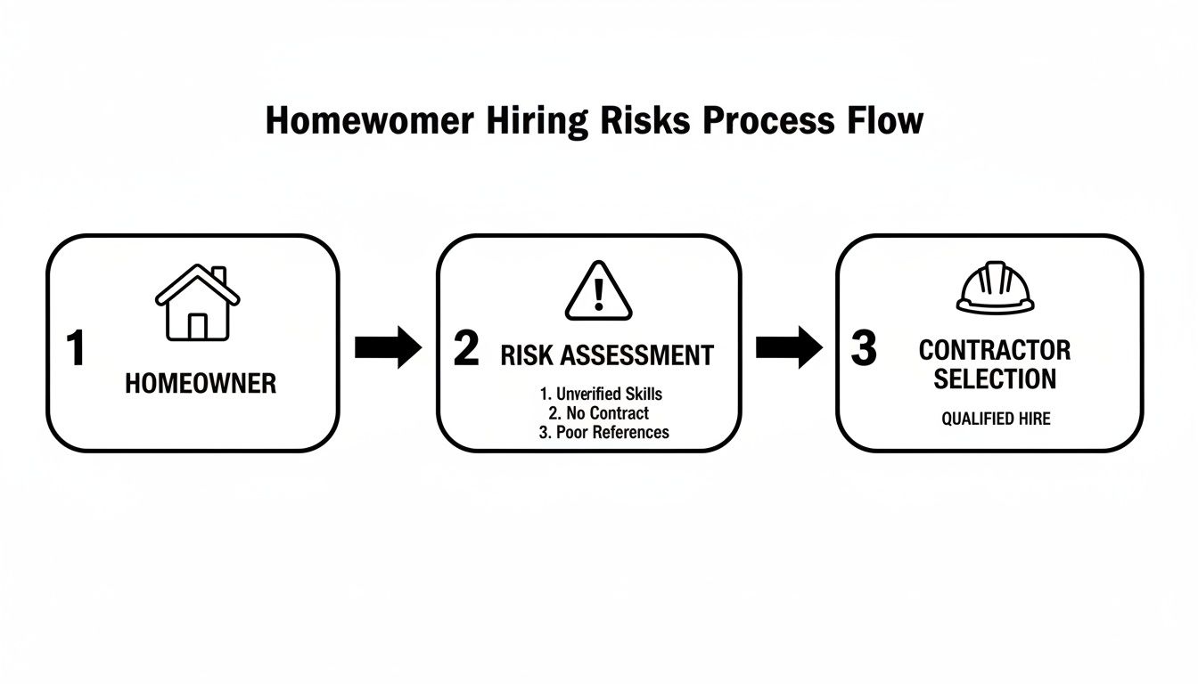 Flowchart illustrating homeowner hiring process, including risk assessment of skills, contract, and references, leading to contractor selection.