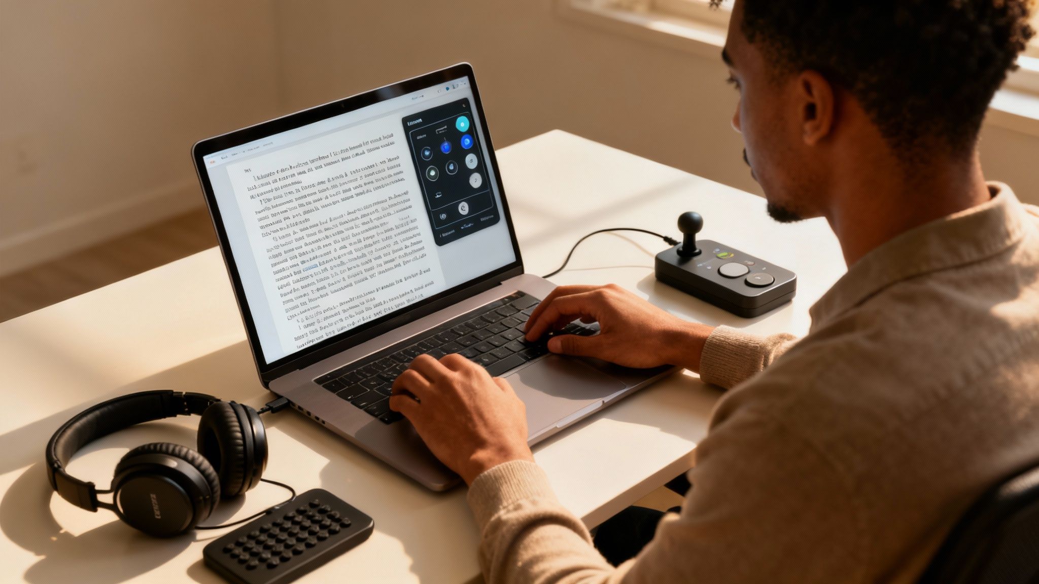 A man uses a laptop with an external joystick controller and headphones on a desk.