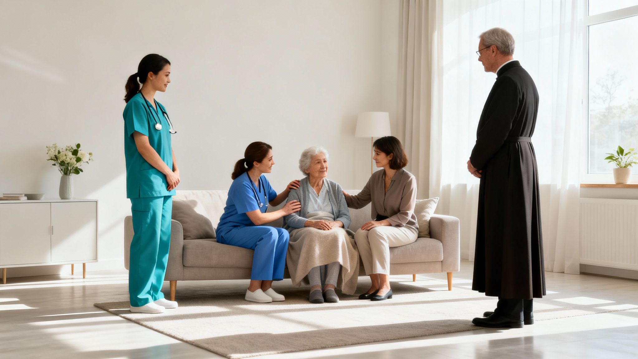 Nurses, family, and a priest provide comfort to an elderly woman in a bright room.
