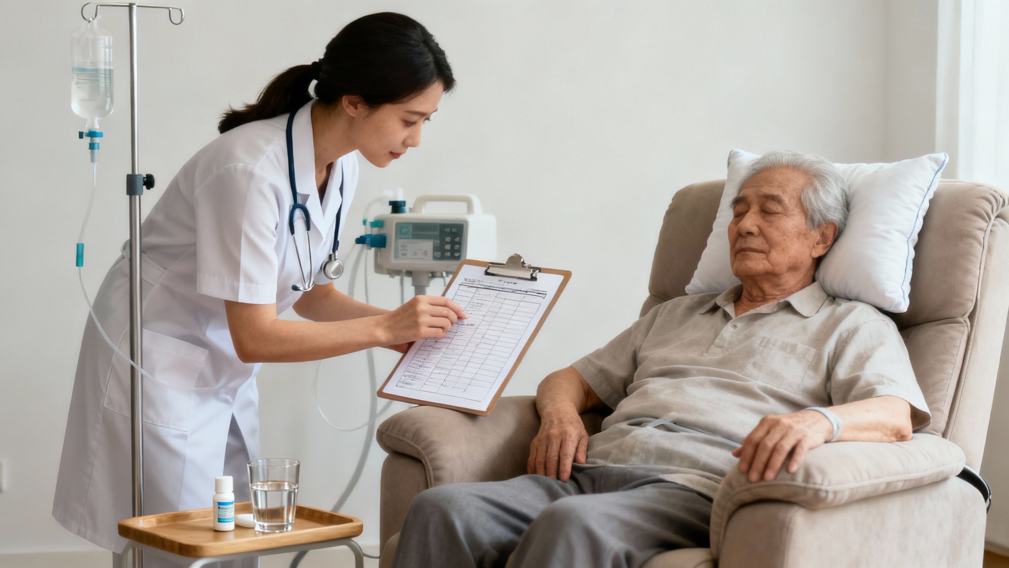A caring nurse administers medication to an elderly patient in a comfortable home setting, showing effective symptom management.