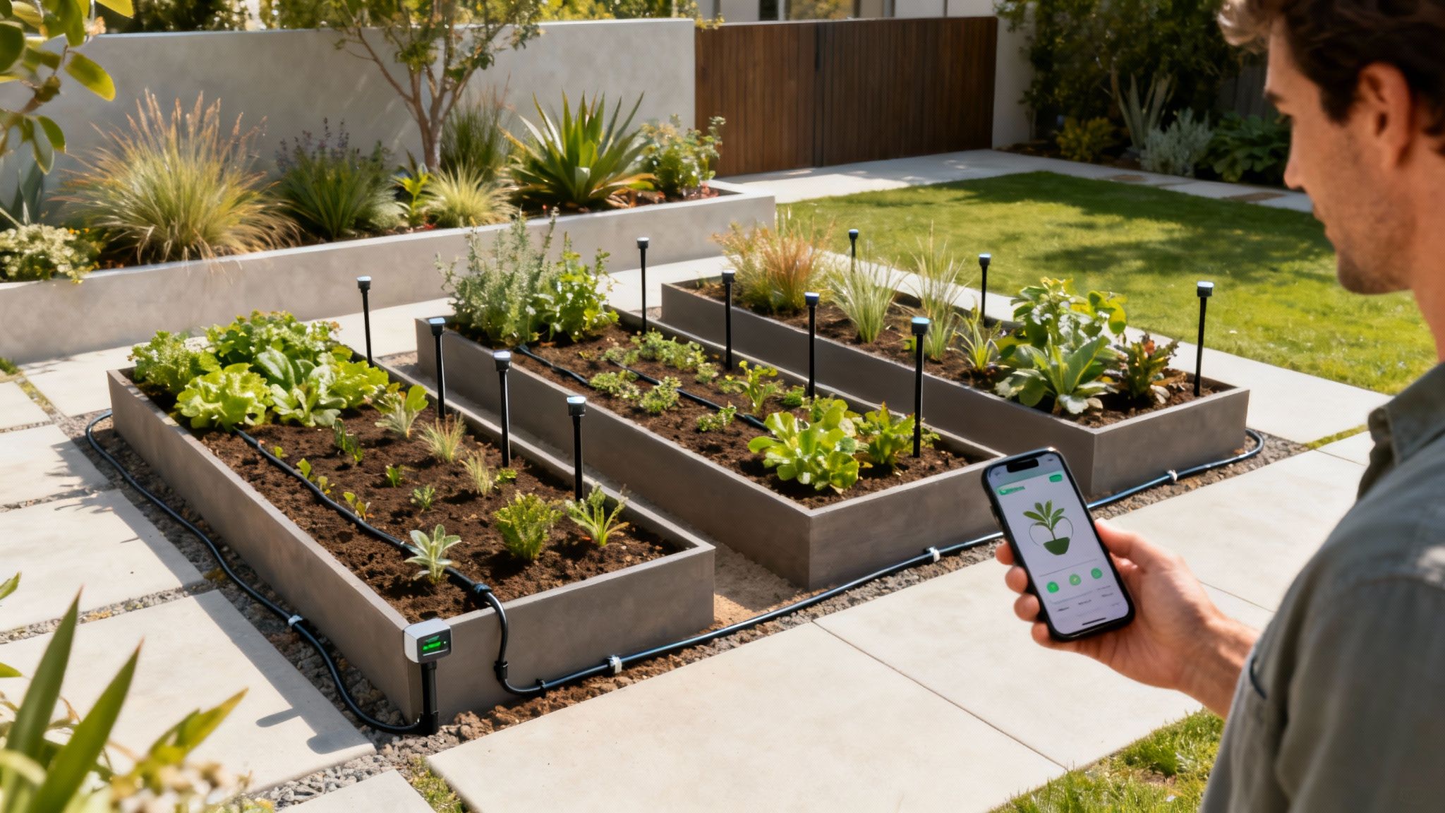 Person using smartphone app to control smart irrigation system in modern raised bed vegetable garden