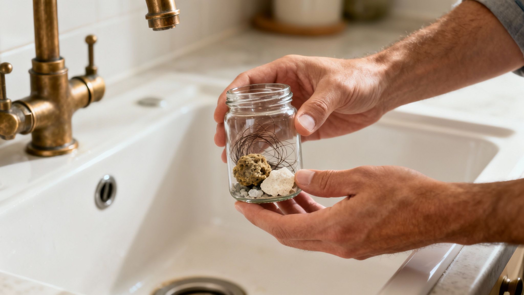 Close-up of hands holding a jar with hair, pebbles, and stones over a white kitchen sink.