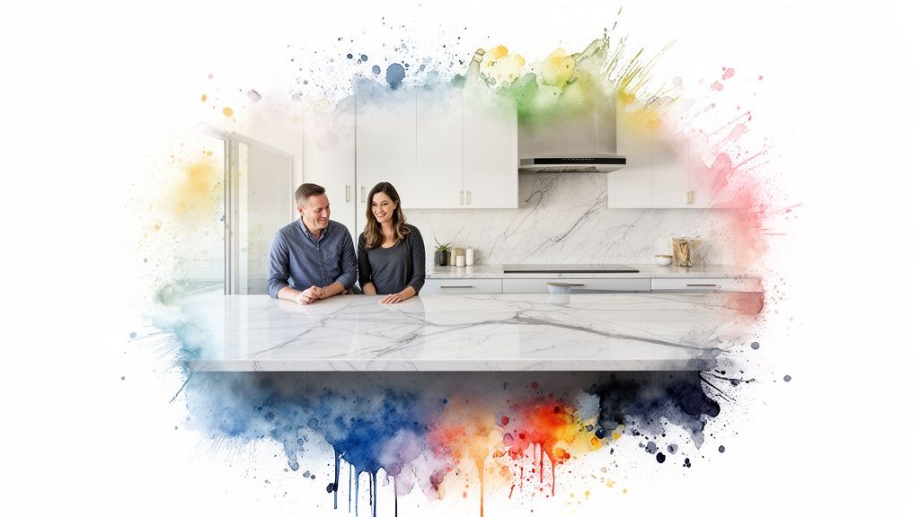 A smiling couple stands behind a large marble kitchen island with colorful watercolor splatters.