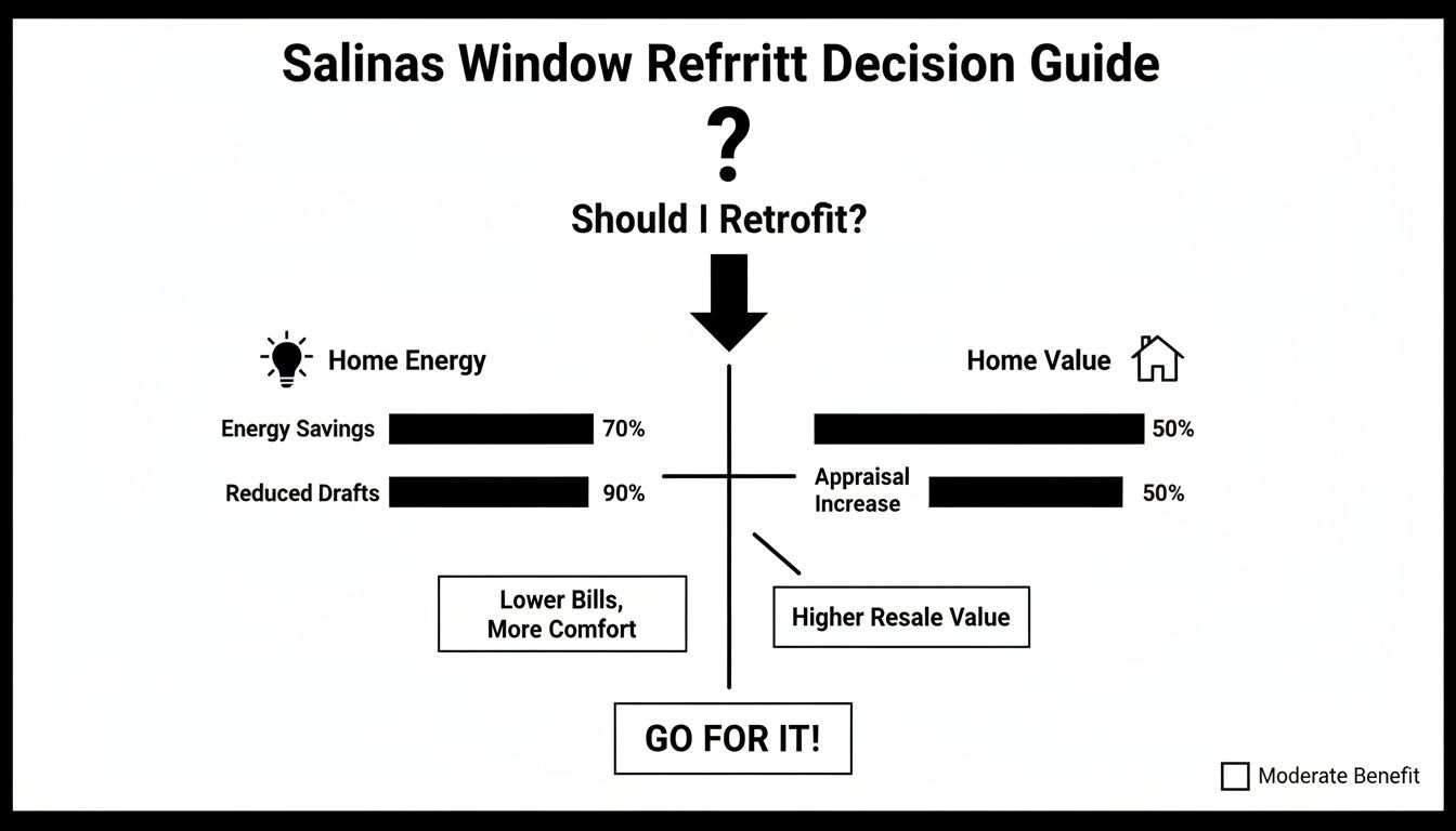 A decision guide for Salinas window retrofitting, showing energy savings, reduced drafts, and increased home value benefits.