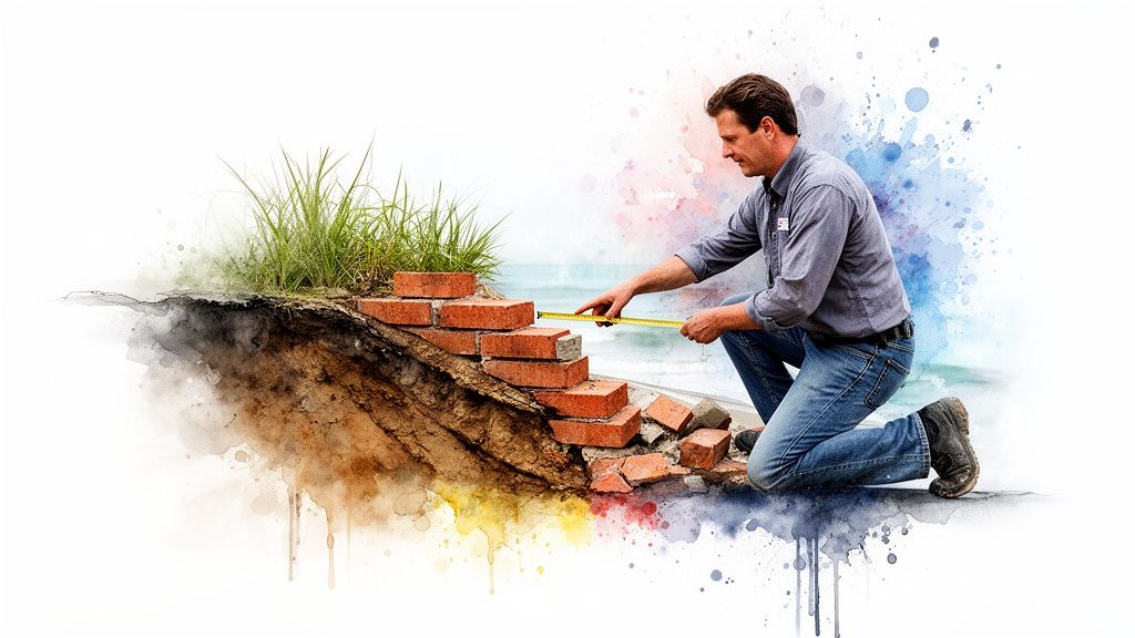 Man kneels, measuring a collapsing brick wall on an eroding coastline with ocean backdrop.