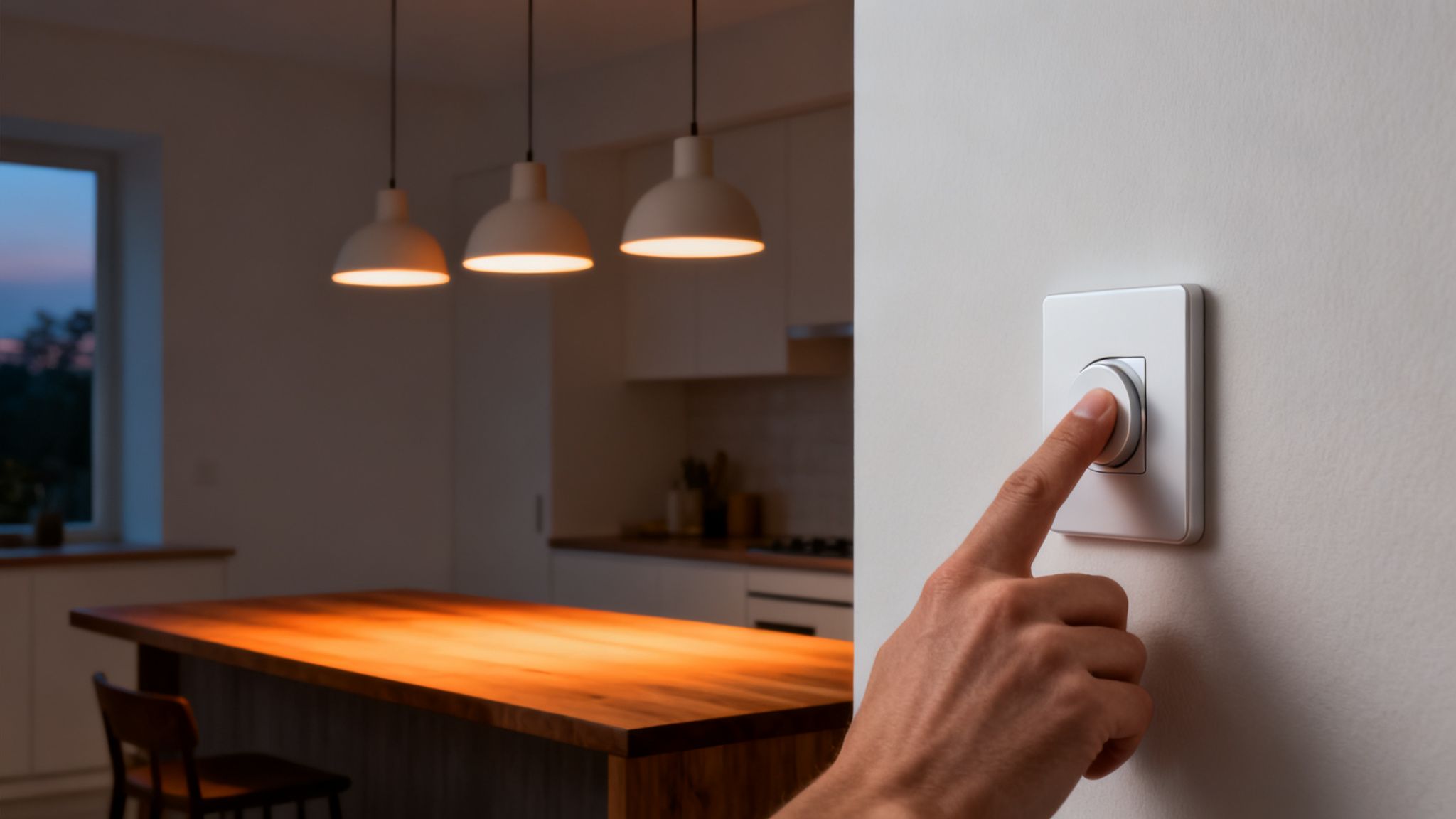 Hand adjusting a smart dimmer switch on a wall, illuminating warm lights in a modern kitchen.
