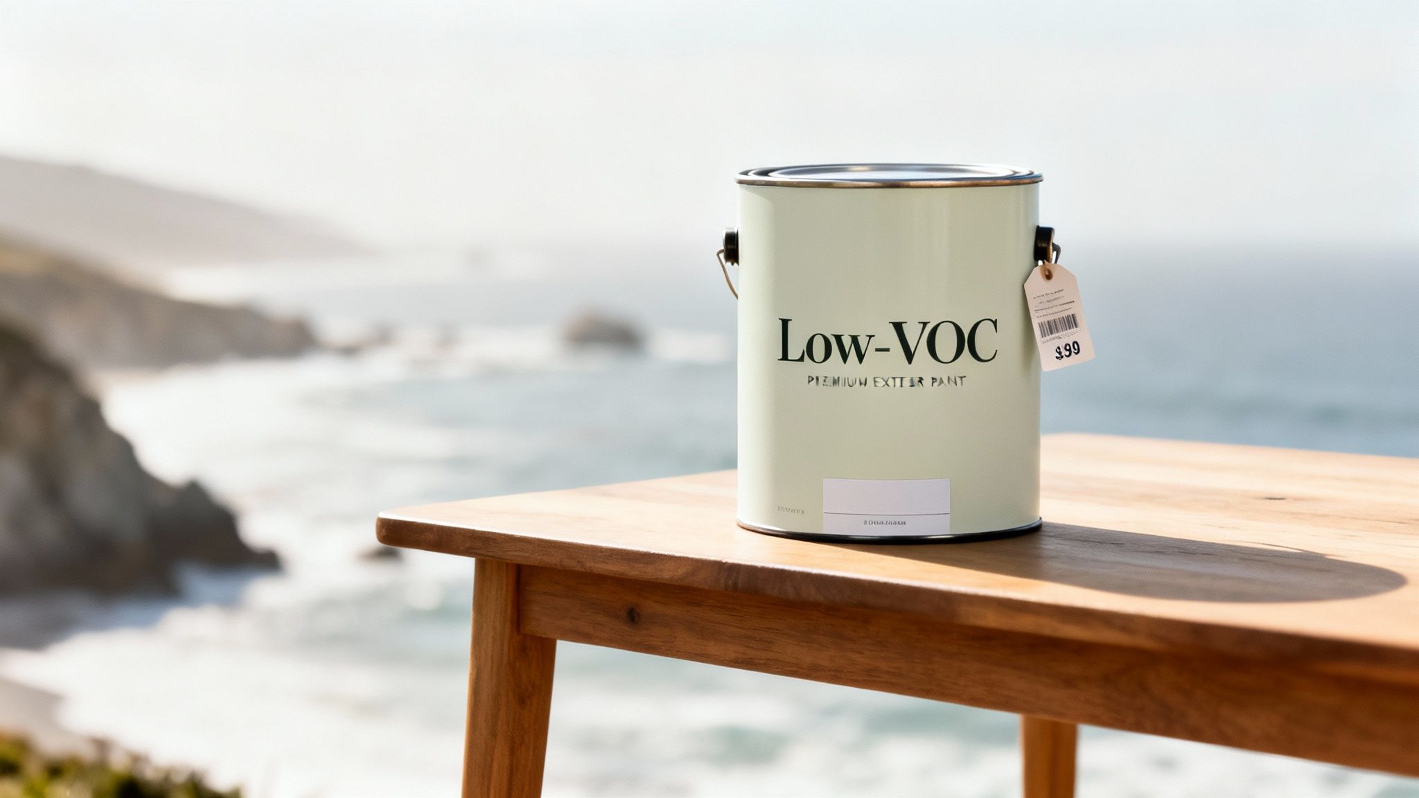 A light green "Low-VOC Premium Exterior Paint" can with a "$99" tag on a wooden table, overlooking a scenic ocean coastline.
