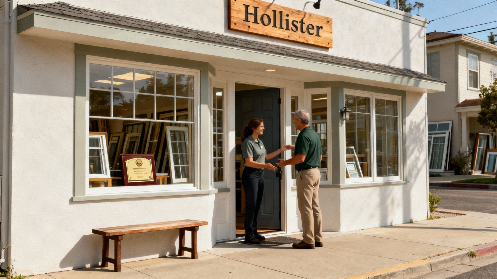 A friendly, experienced window installer discussing project plans with a Hollister homeowner on their porch.