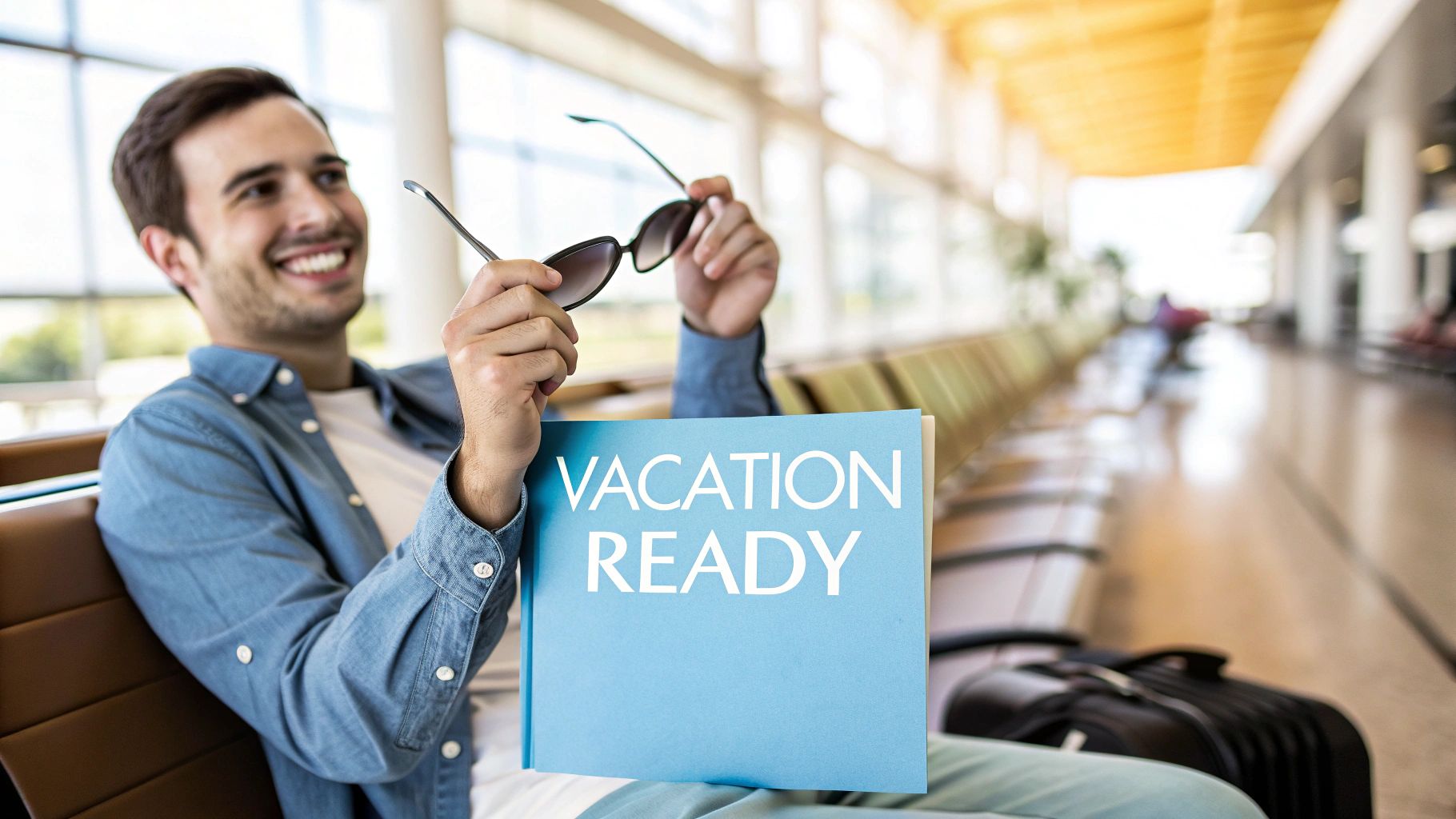 Smiling man at an airport holding sunglasses and a "VACATION READY" sign, excited for travel.