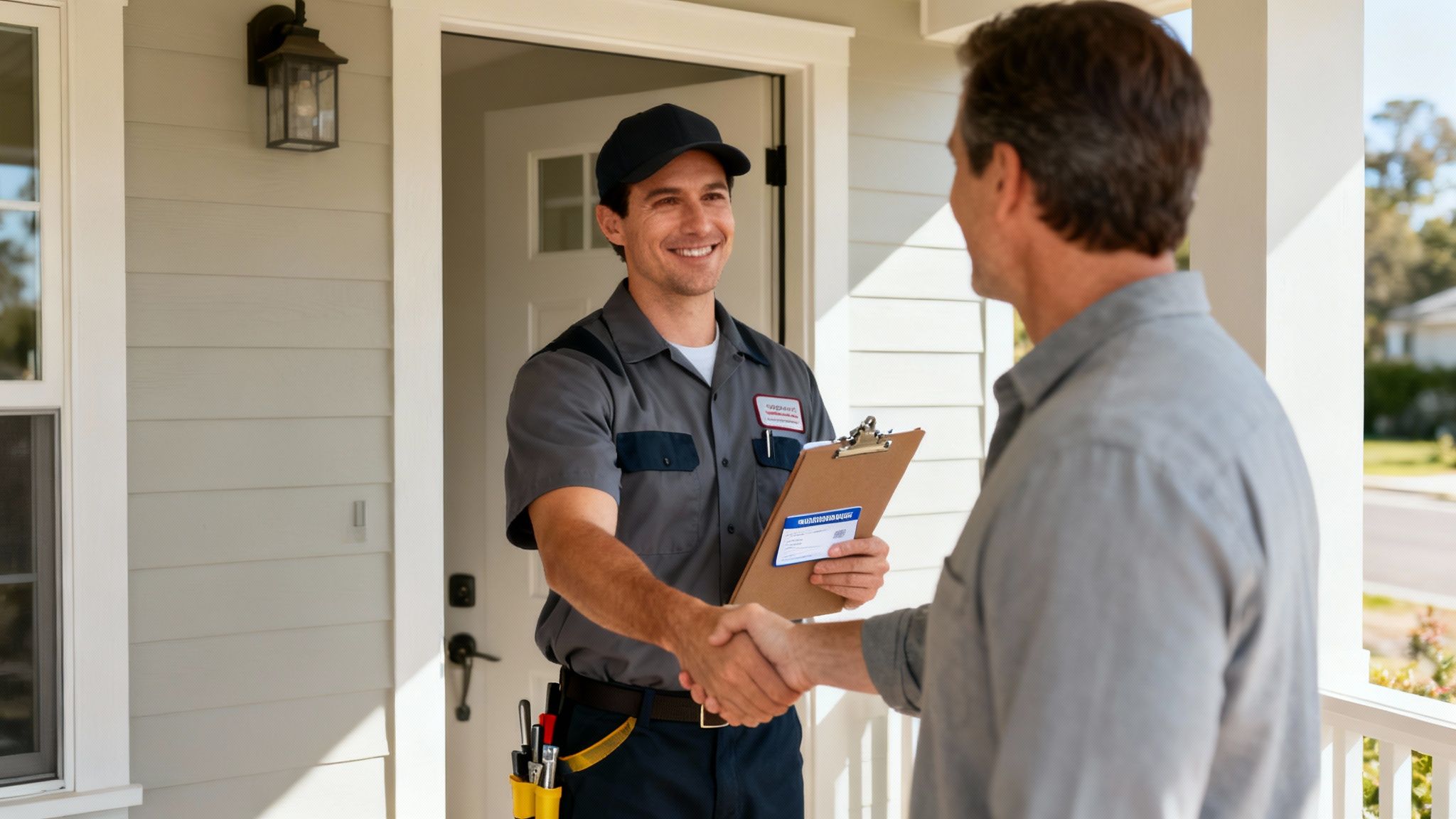 A smiling service technician in uniform shakes hands with a customer on a home's porch.