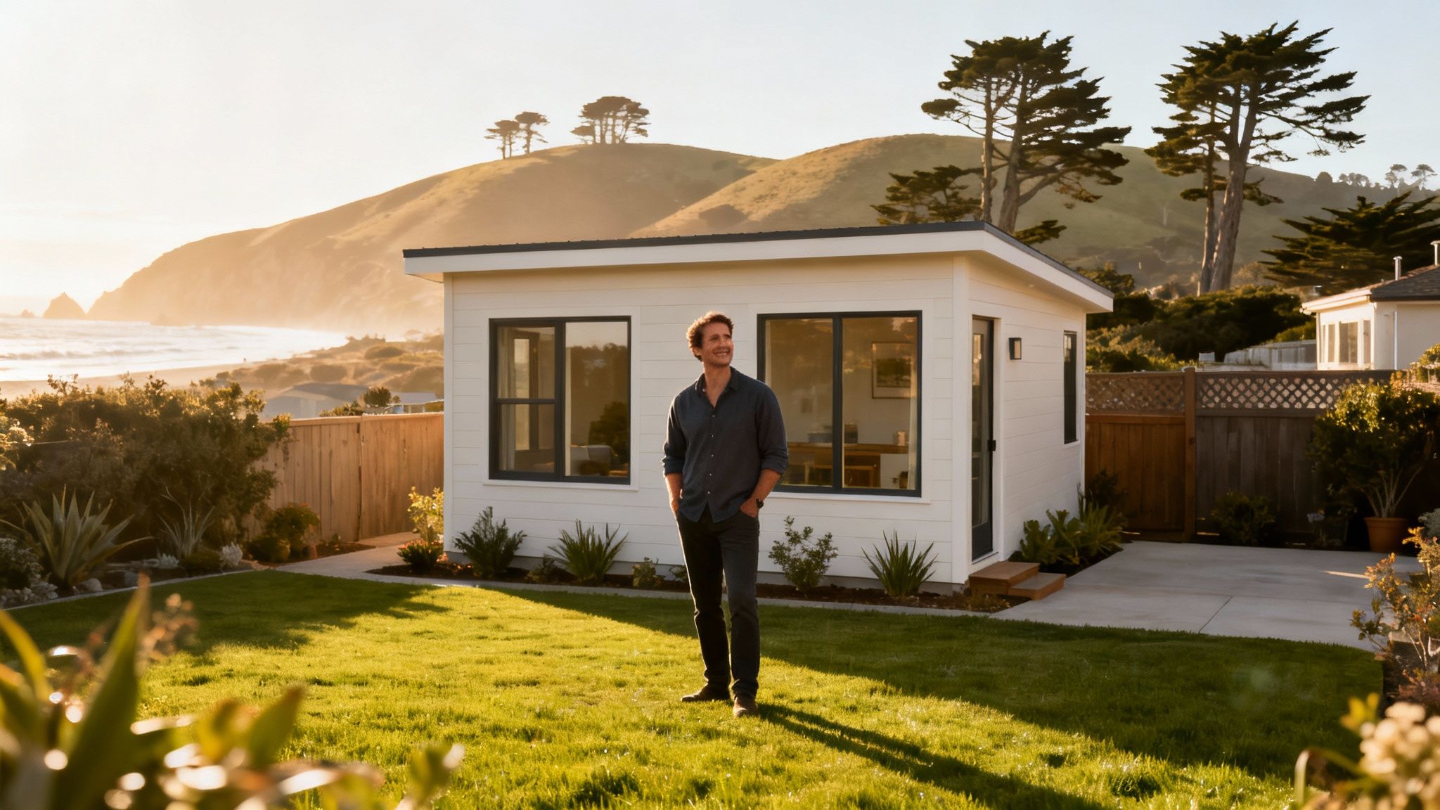 Man on a green lawn in front of a modern white ADU with a sunny coastal landscape.