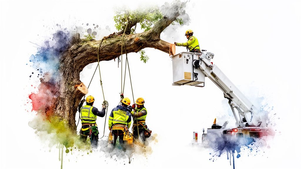 Professional tree service crew using a bucket truck and ropes to safely trim a large tree.