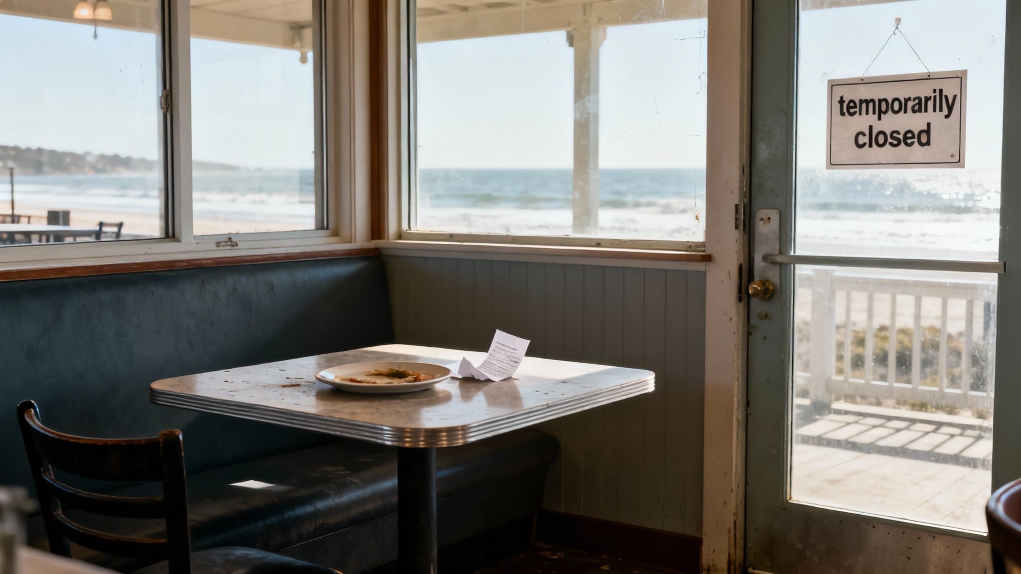 An empty, dirty table inside a closed beachfront restaurant with an ocean view.