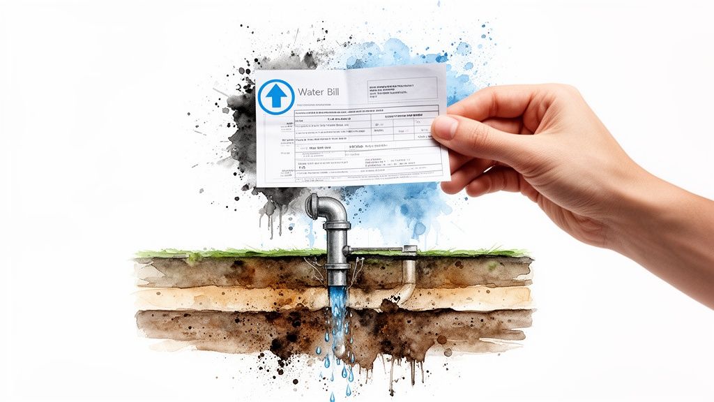 A hand holds a water bill over a cross-section of earth with a leaking underground pipe, illustrating water loss.