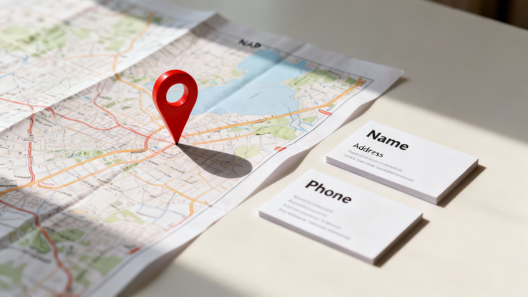 A red location pin marks a spot on a paper map next to business cards for name, address, and phone.