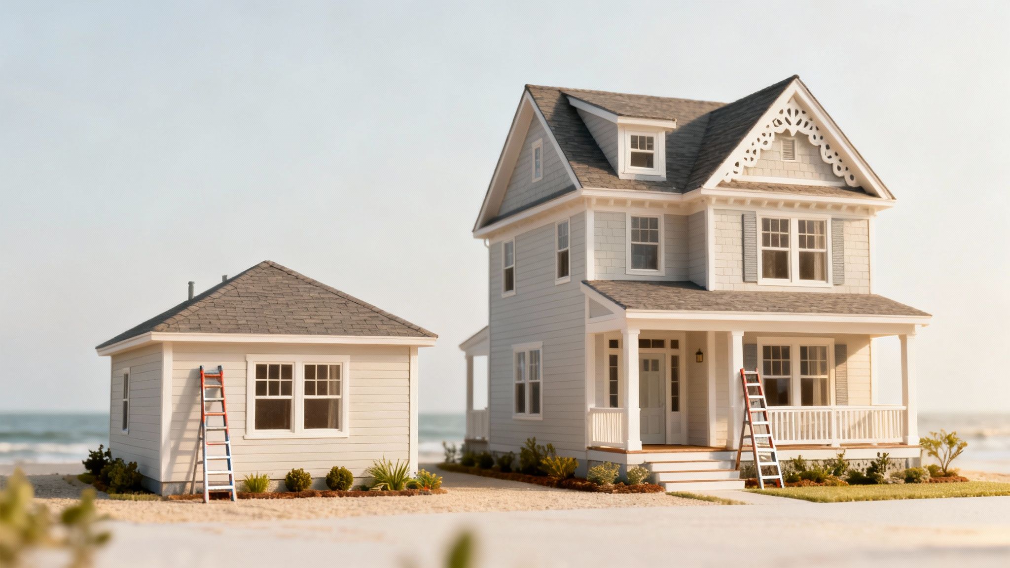 Two miniature houses, one large and one small, on a sandy beach with ladders leaning against them, ocean in background.