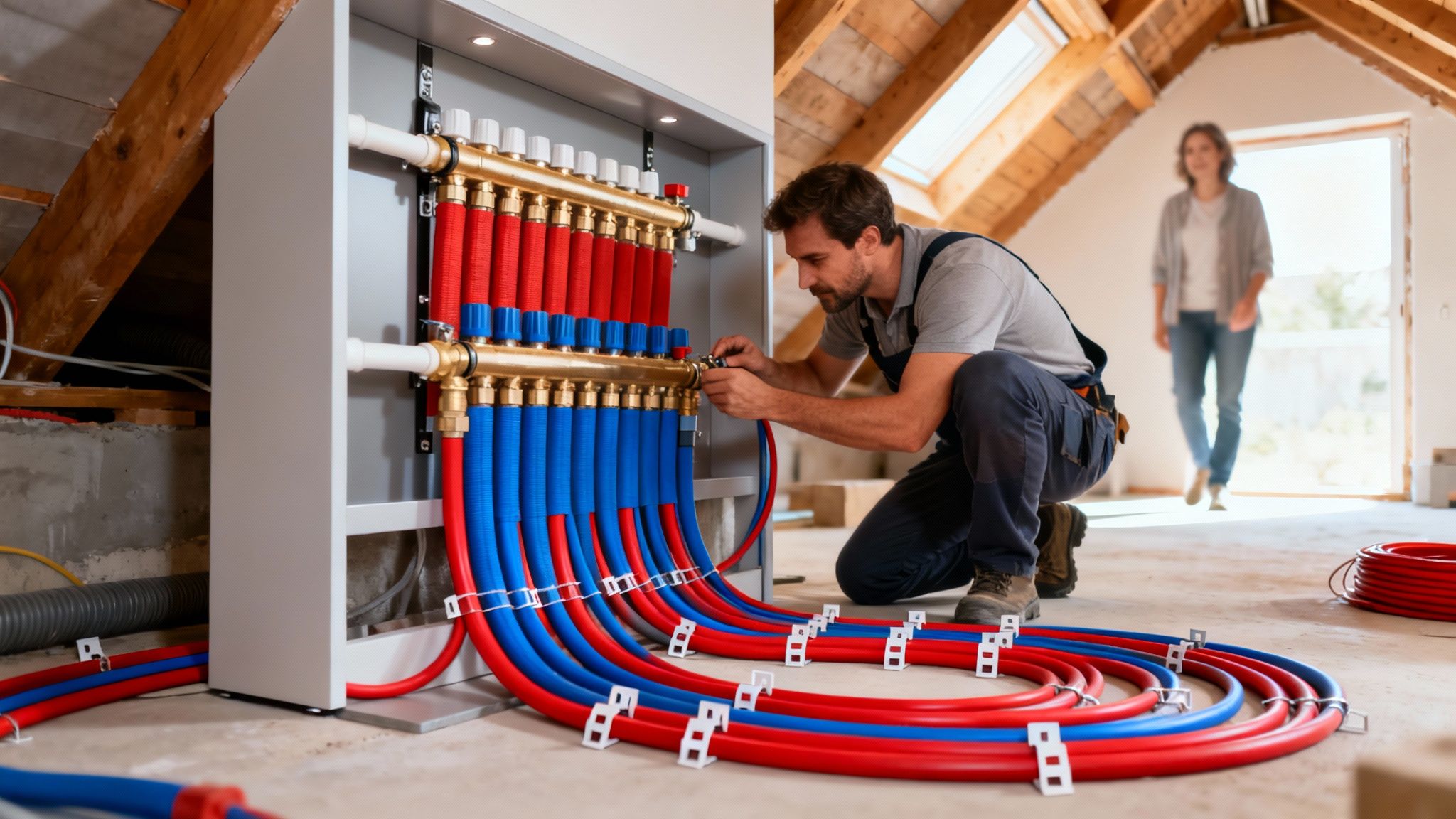 Does My Older Monterey Home Really Need a Full Re-pipe? 3 A skilled plumber connects red and blue pipes to a manifold system in a home's attic.