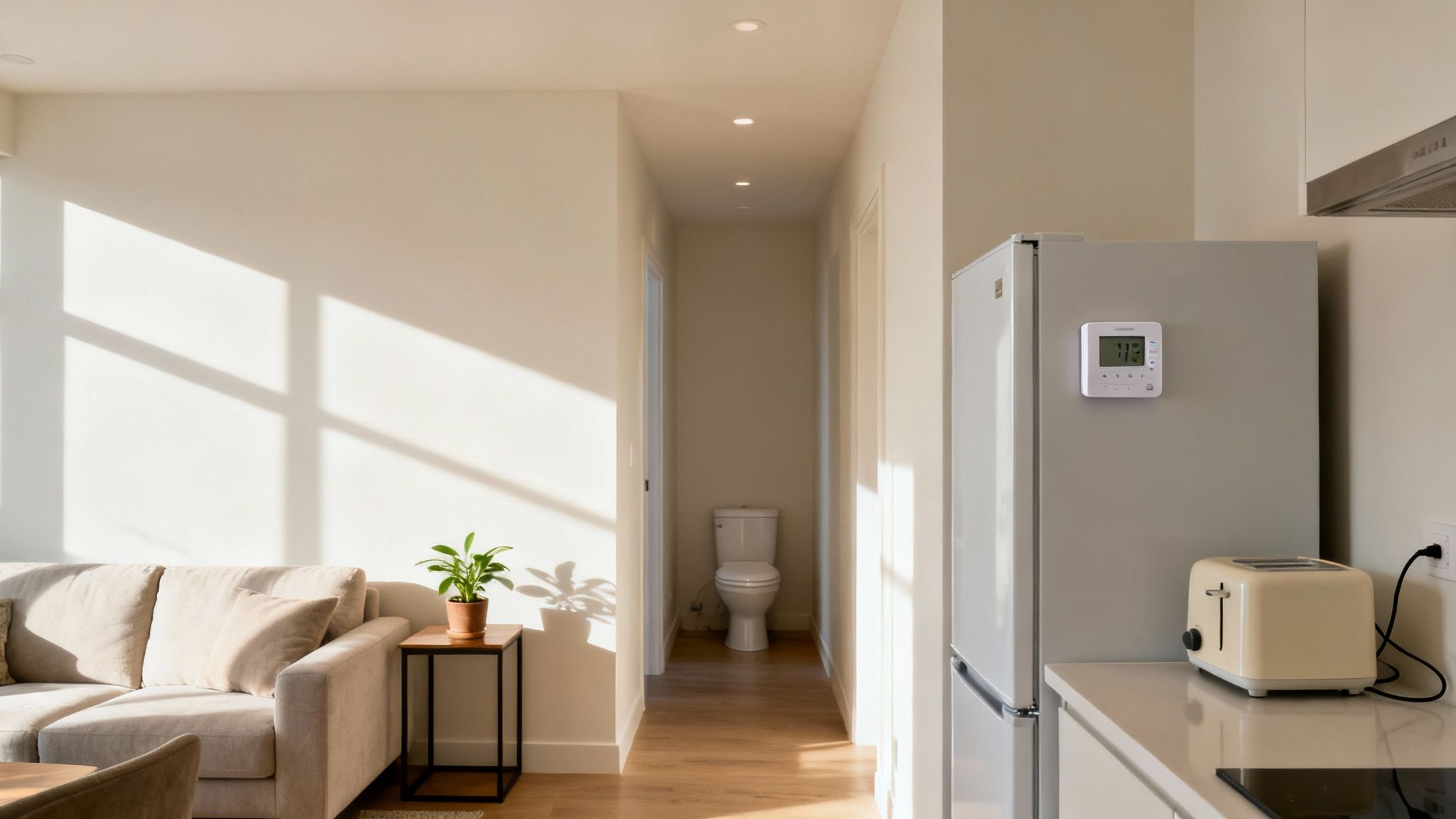 A sunlit, modern apartment interior featuring a beige living room, a hallway with a toilet, and a compact kitchen.