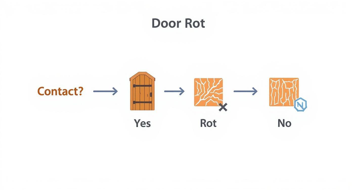 An infographic decision tree showing that when a wood door is in direct contact with a concrete block, it leads to rot, but when it is protected, it remains durable.