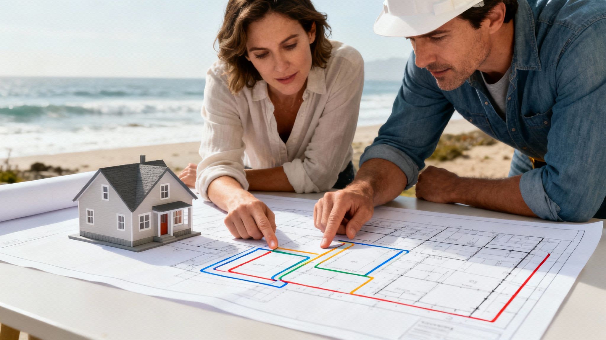 Couple reviewing architectural blueprints and floor plans with miniature house model on outdoor table