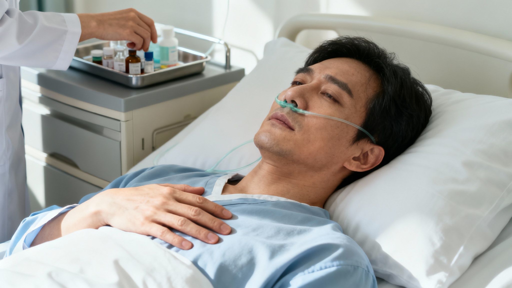 A pensive male patient lies in a hospital bed, receiving oxygen, with a healthcare worker nearby.