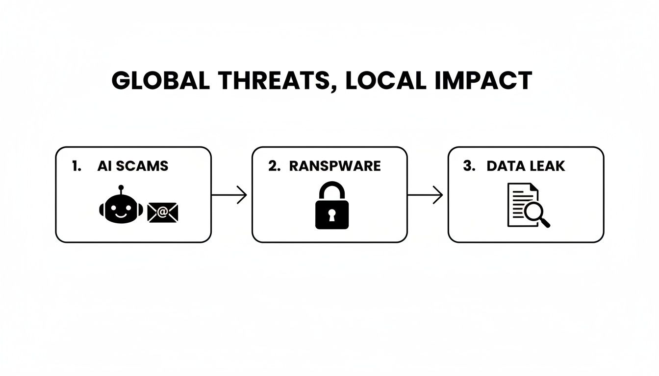 A diagram illustrating cyber threats: AI scams, ransomware, and data leaks, showing global impact.