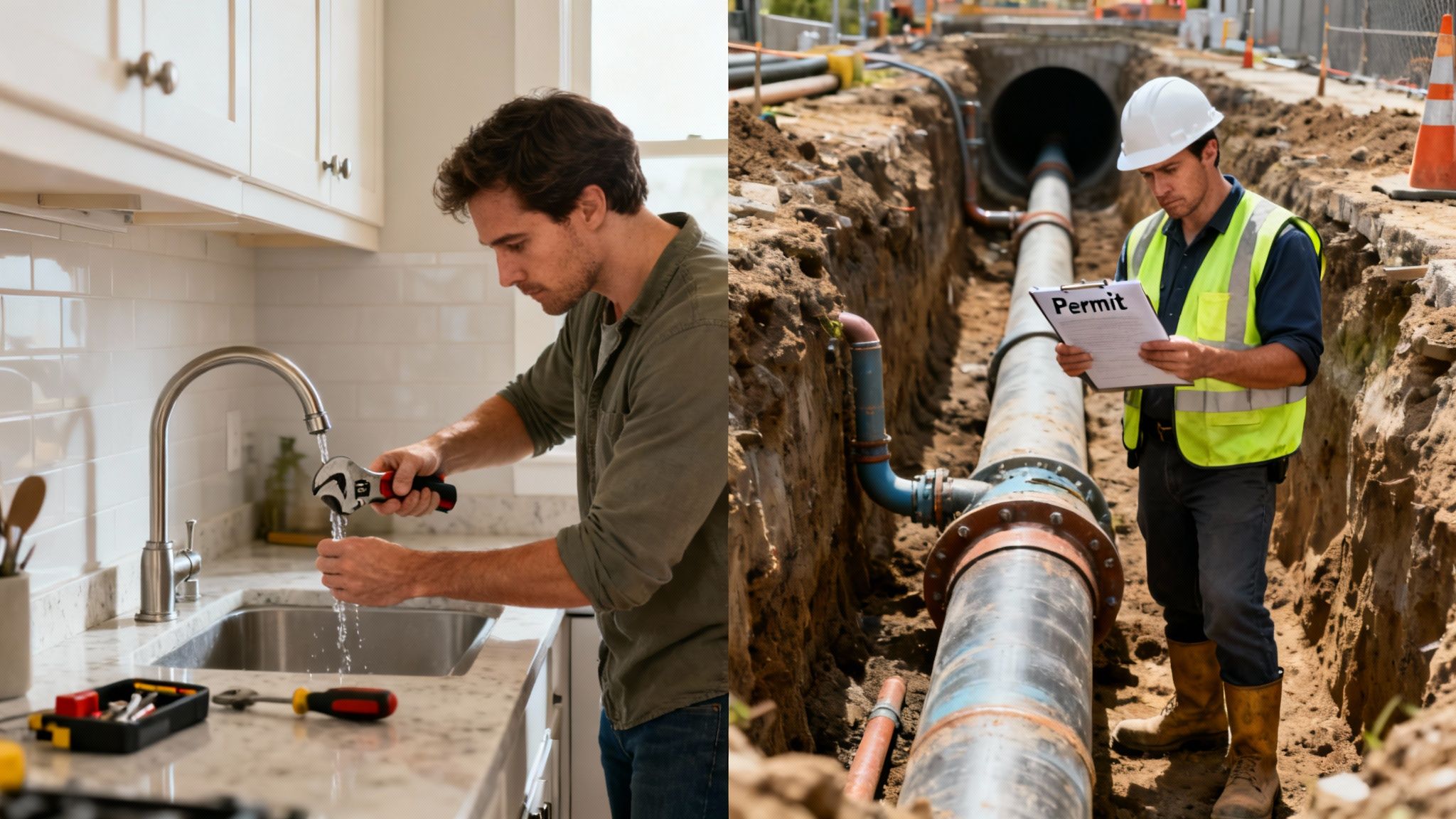 Can I Install a New Water Main Myself Without a Contractor? 1 A man fixes a kitchen faucet, while a worker inspects an underground water pipe with a permit.