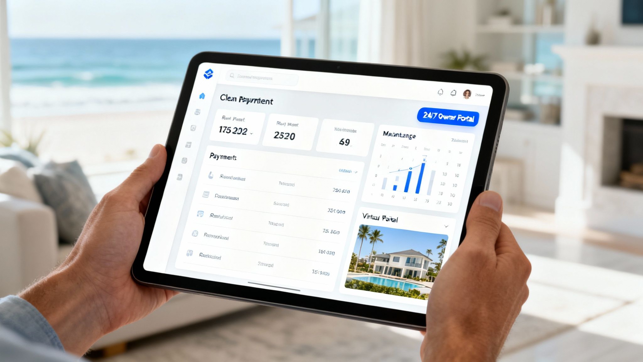Hands holding a tablet displaying a clean property management portal with financial and maintenance data, overlooking an ocean view.