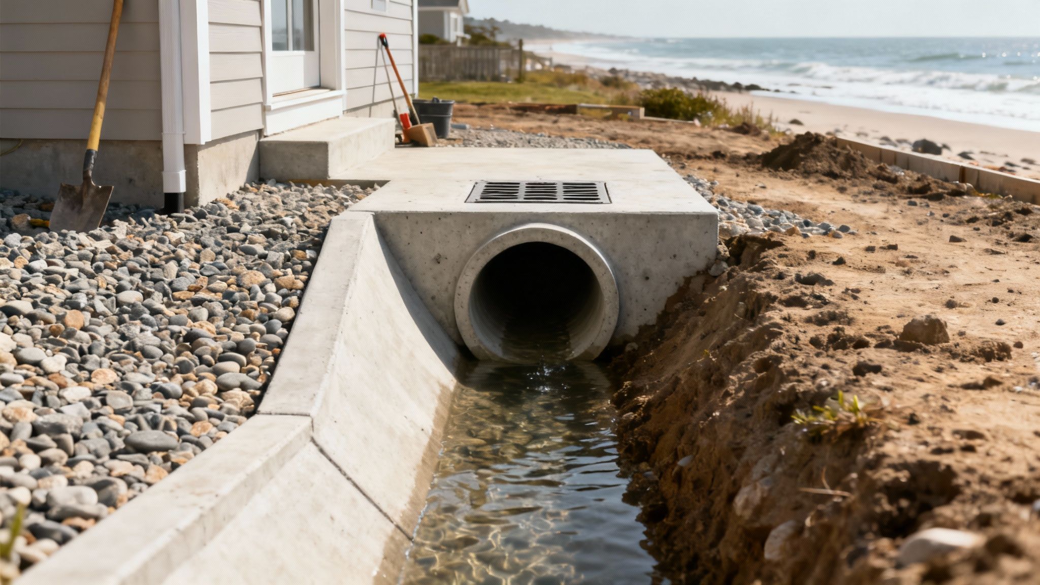 A construction site showing new storm drain pipes ready for installation.