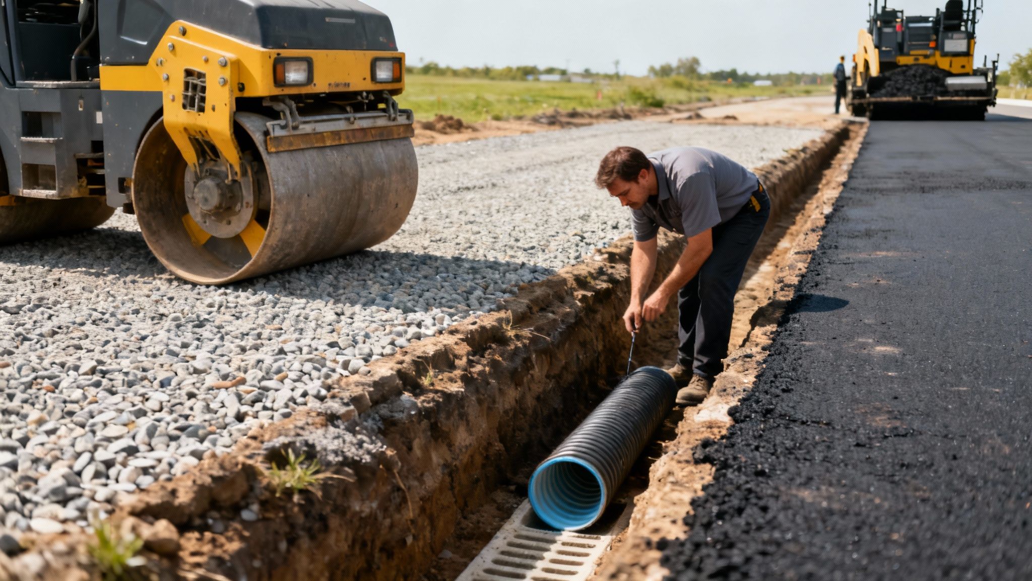 A construction site showing heavy machinery preparing the ground for paving, illustrating an integrated approach.