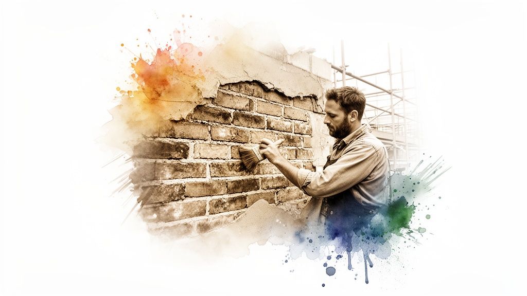 A man brushes a weathered brick wall with peeling plaster, surrounded by colorful watercolor splashes.