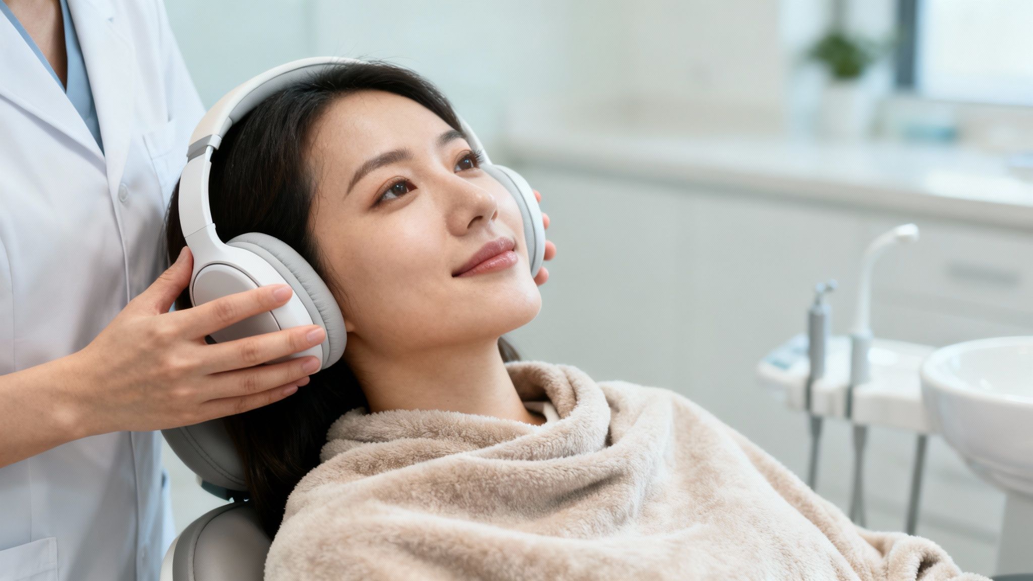 A professional adjusts headphones on a patient in a dental chair, creating a comforting atmosphere.