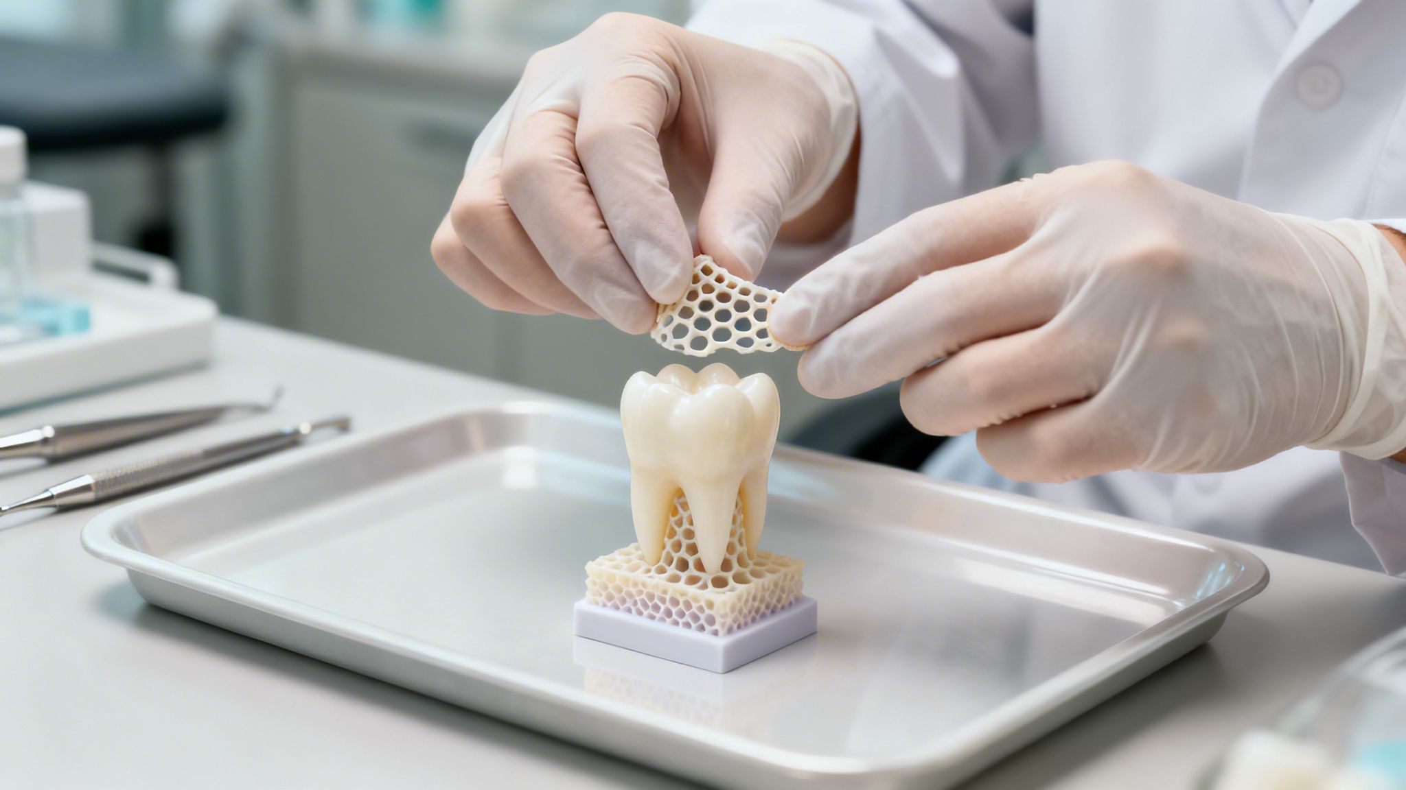A scientist in gloves assembling a 3D printed tooth model with a honeycomb structure.