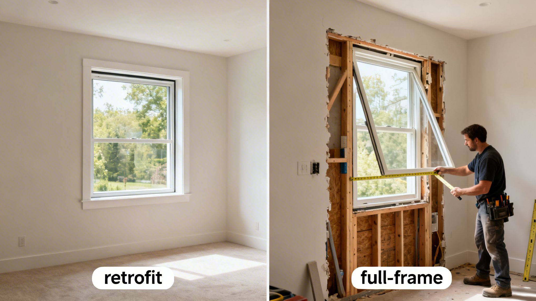 Two contrasting images depicting a completed retrofit window and a full-frame window replacement in progress.
