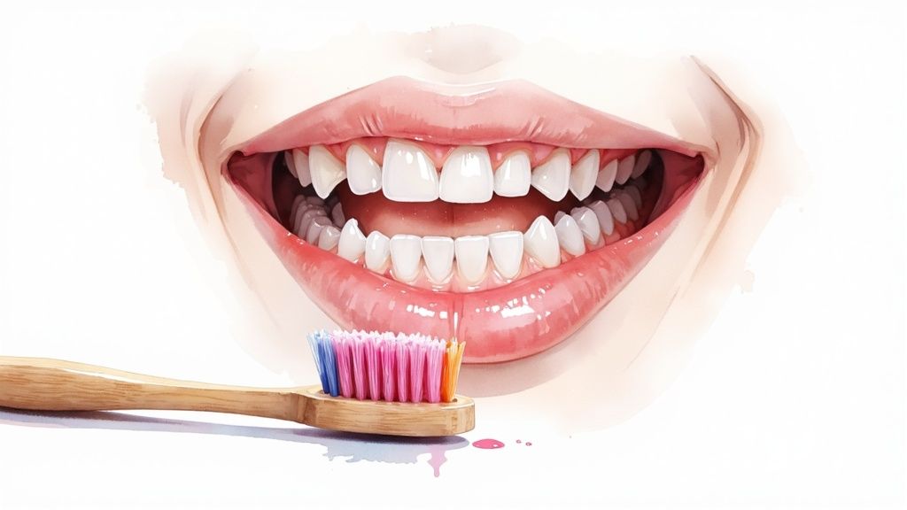 An illustration showing an open mouth with visible teeth and inflamed gums, next to a toothbrush with pink drops.
