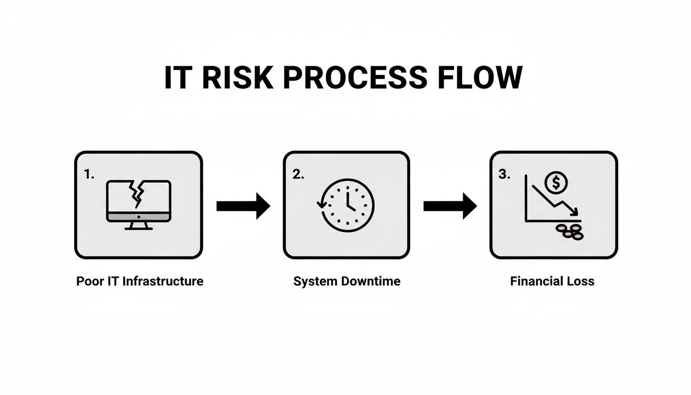 Diagram showing the IT risk process flow: poor IT infrastructure leads to system downtime and financial loss.