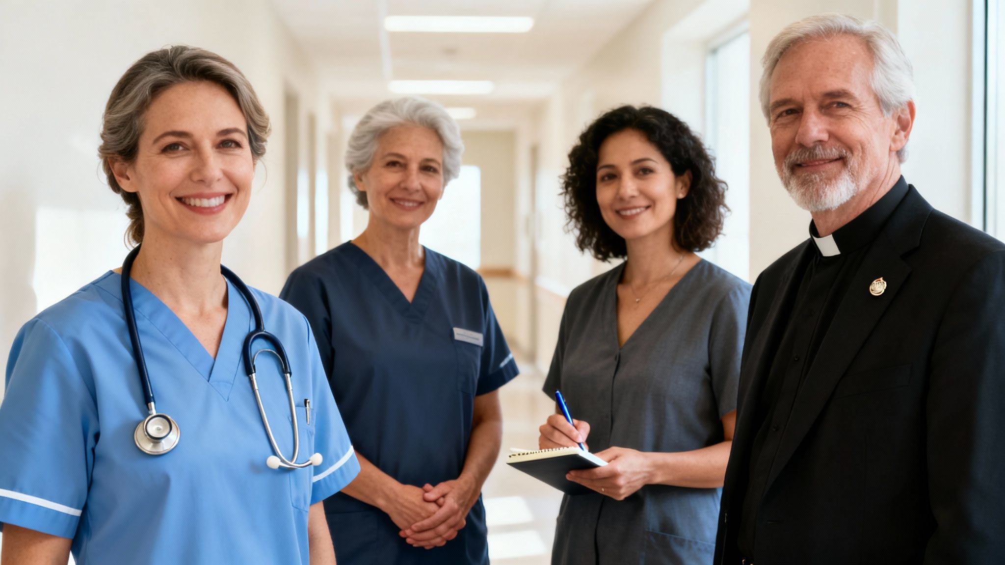 A smiling hospice care team, including nurses and a priest, standing in a hospital hallway.