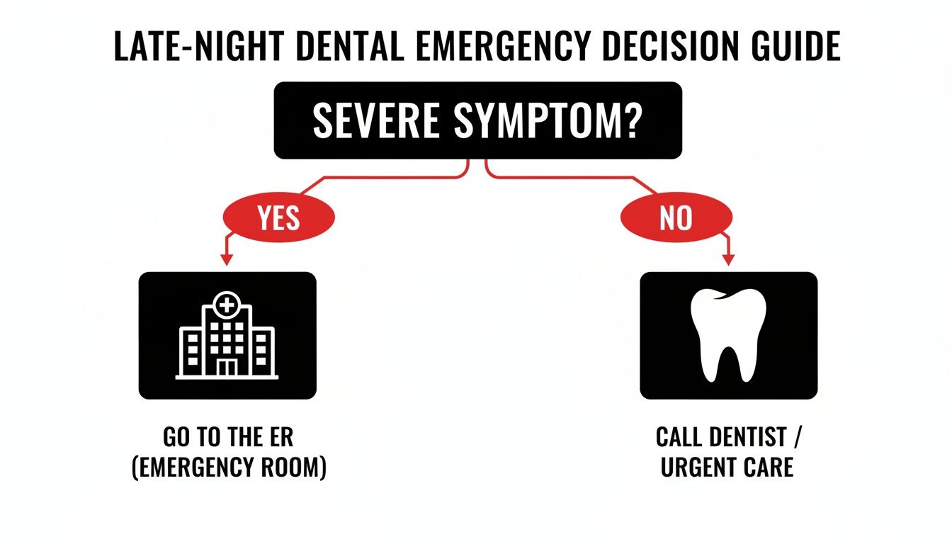 A late-night dental emergency decision guide flowchart for severe symptoms, advising ER or dentist.