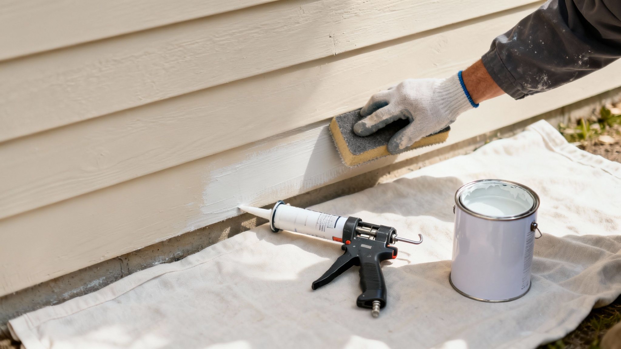 A painter prepares the exterior surface of a a house for painting.