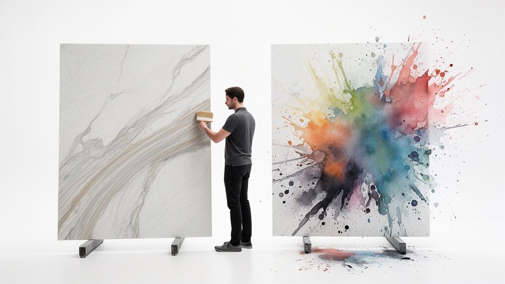 A man brushes a marble-look slab while a vibrant watercolor art panel displays artistic design.