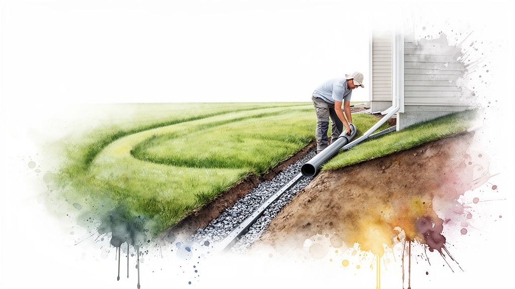 A man installs a drainage pipe in a gravel-filled trench next to a house.
