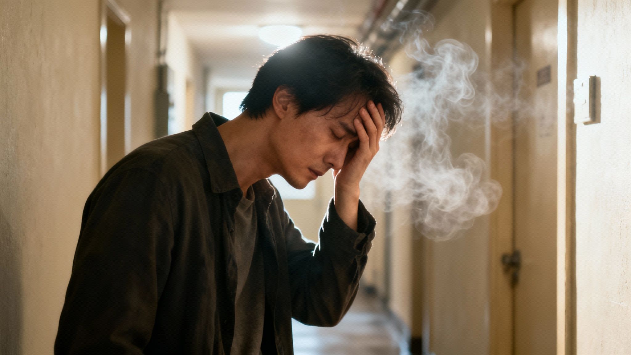 A concerned person holding their nose due to a bad smell in their home.