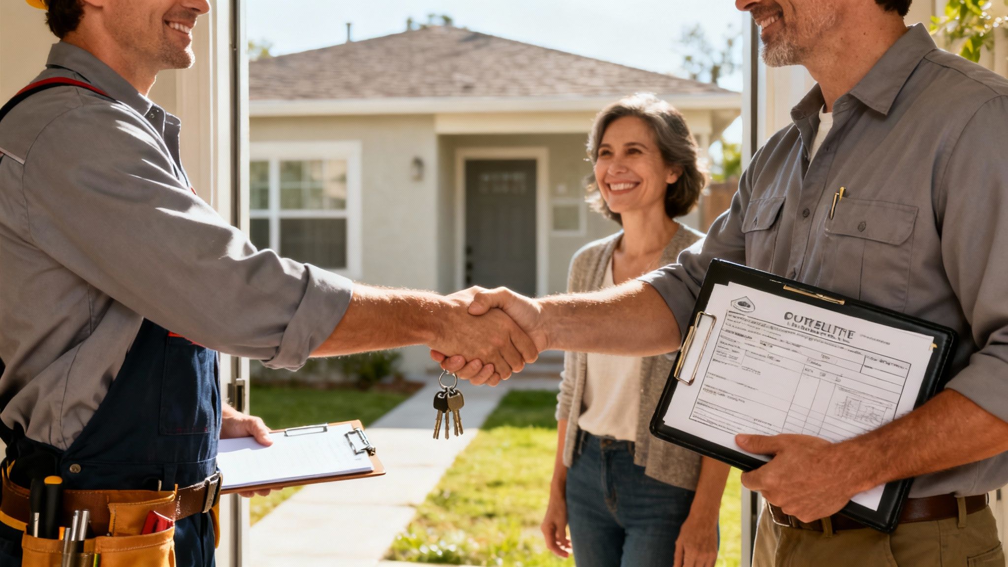 Two men shake hands, one holding house keys, with a smiling woman and a house in the background.