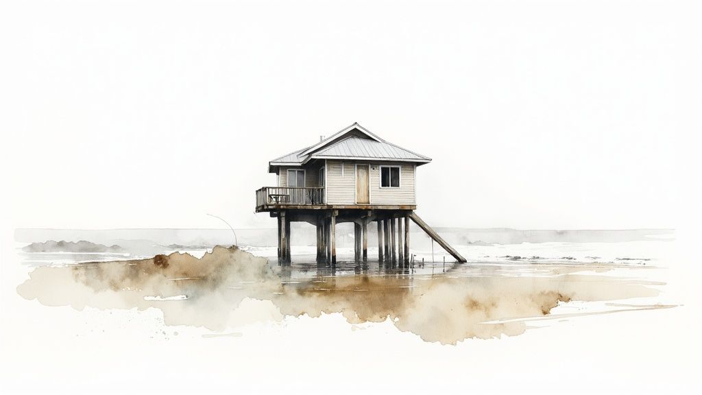 A serene watercolor painting of a stilt house standing over calm water with a minimalist style.