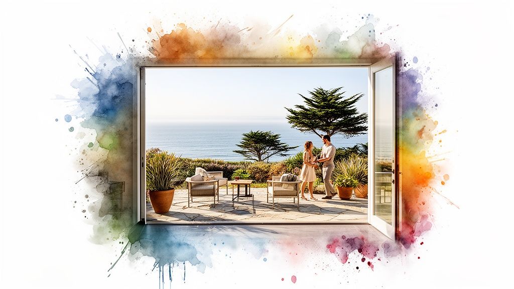 A vibrant watercolor frame highlights a couple enjoying an ocean view from their outdoor patio.